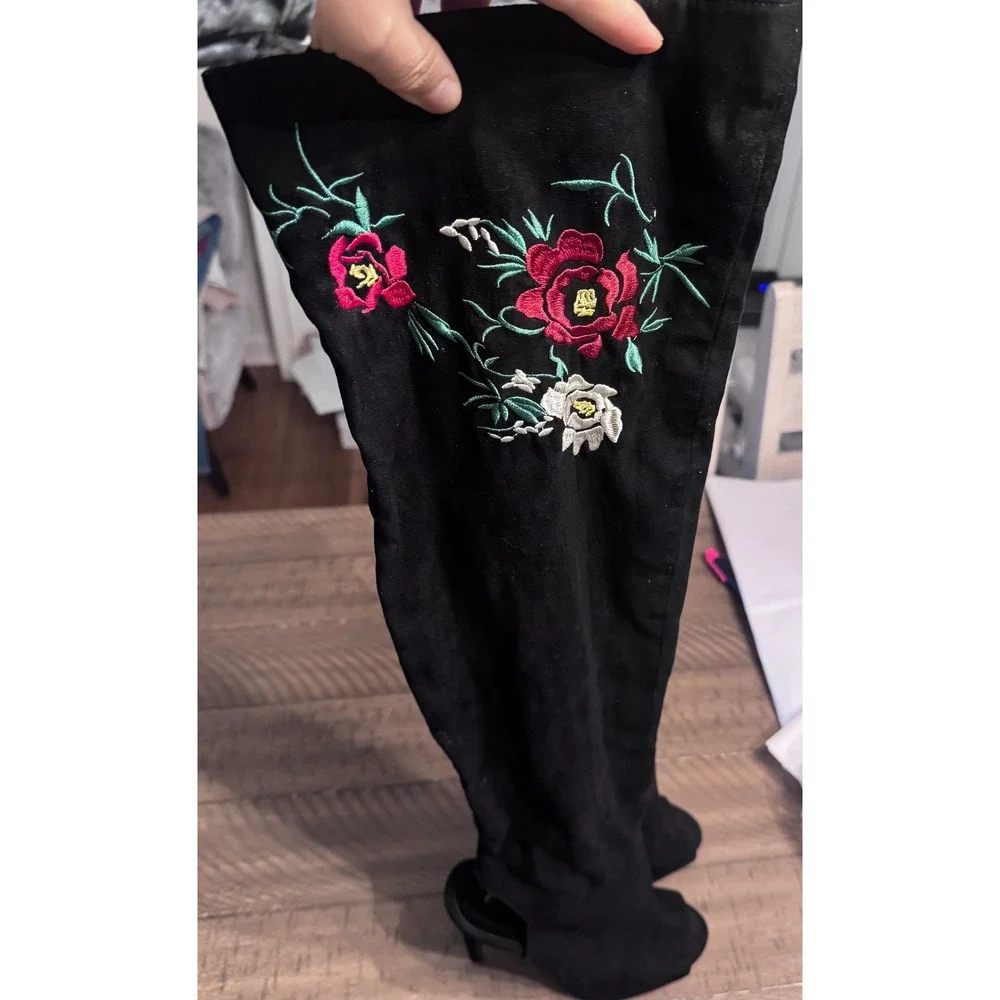 Qupid Black Floral Embroidered Over The Knee Boots Heel Stiletto Suede Size6.5-7